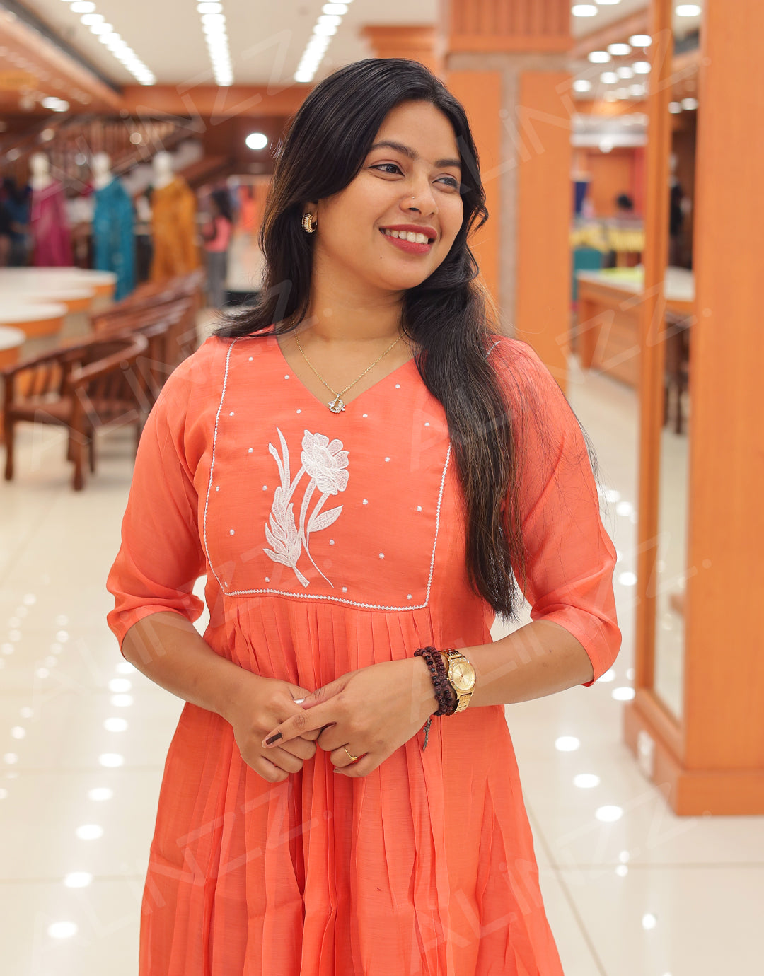 Womens Mul-Chanderi Floral Embroidered A-Line Kurti – R556