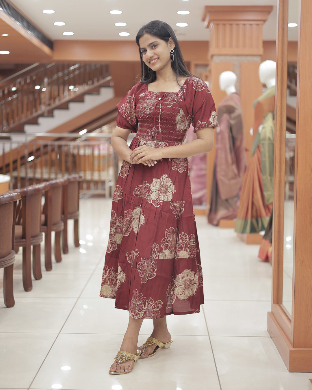 Women's Floral Smocked Midi Dress- R525