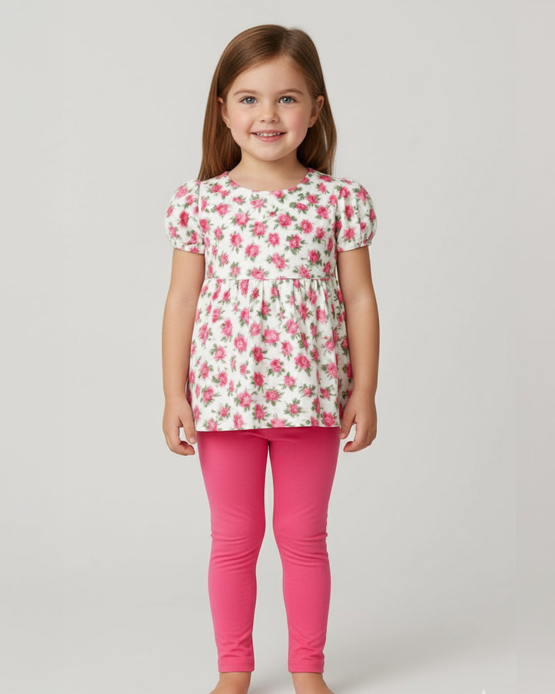 Floral Print Girls' Top & Pink Leggings Set – Soft Hosiery Fabric -R416