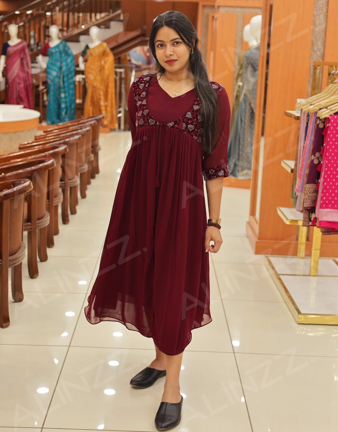 Women's Georgette Kurti with Velvet Patch Work - R570