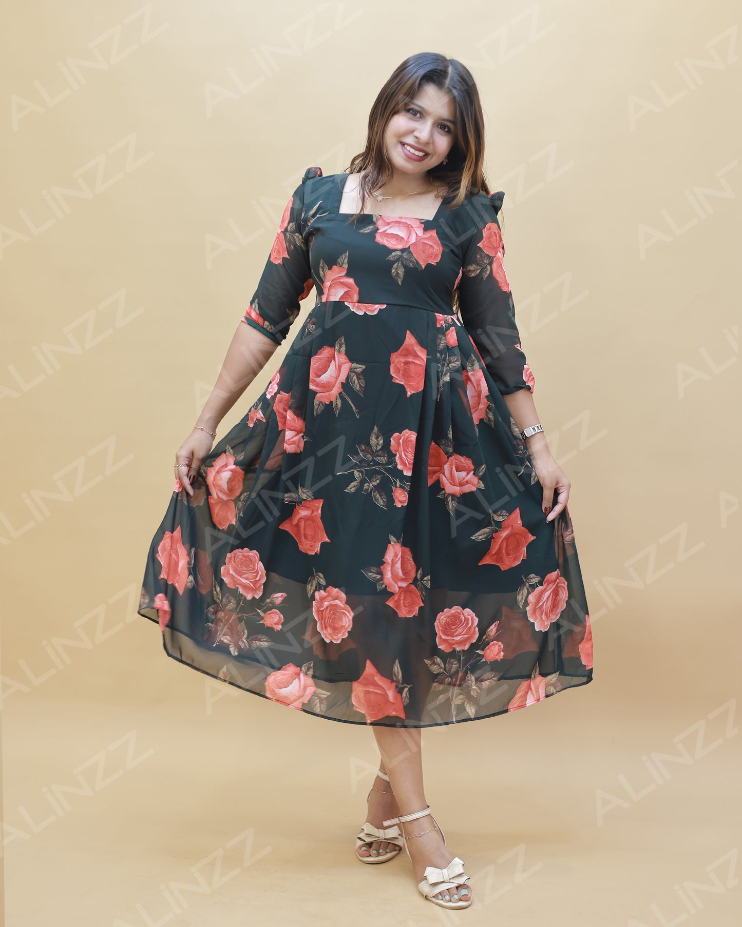 Georgette Floral Design Frock with side Pleat – R585