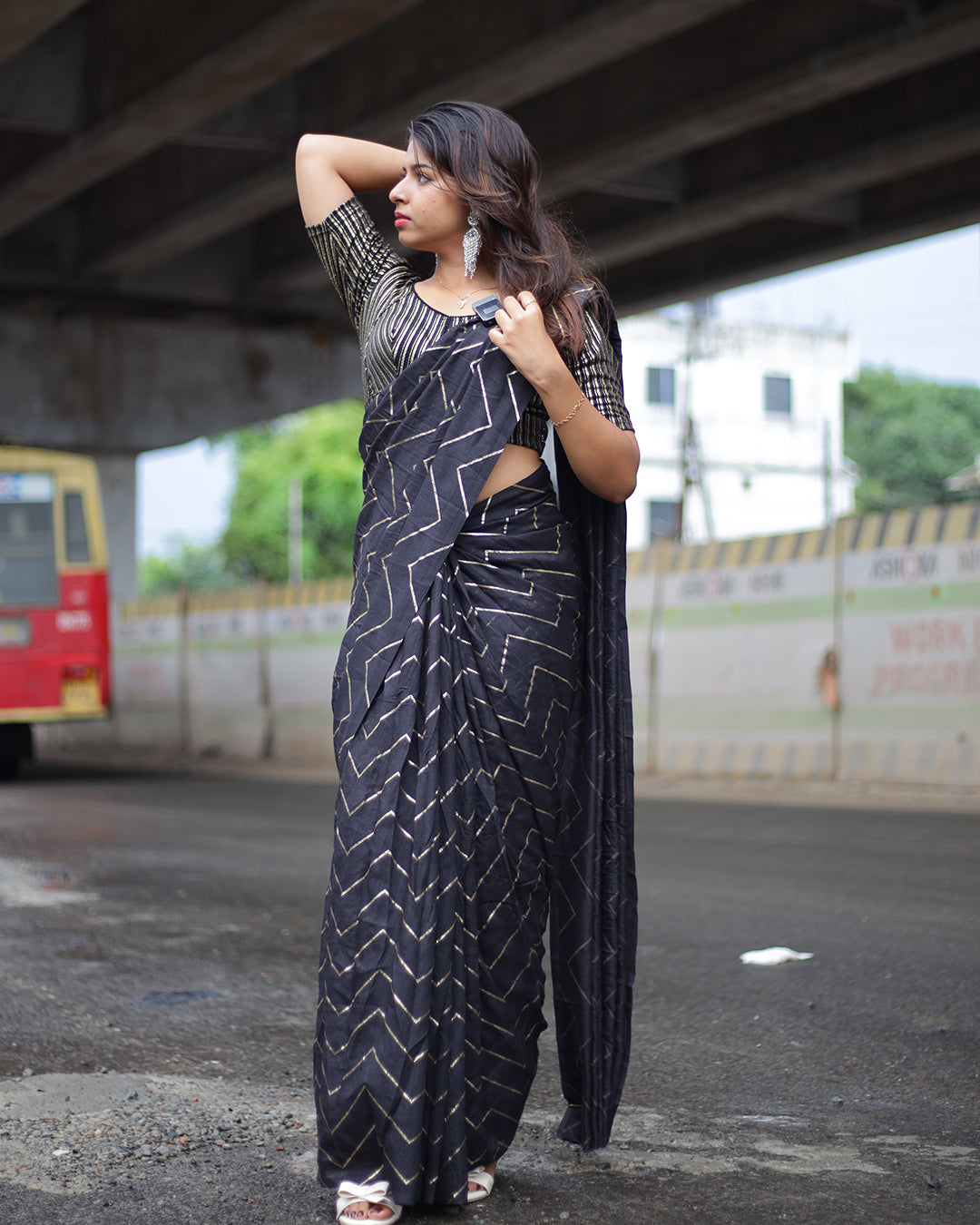 Vichitra Silk Sarees with Golden Stripes - 1384