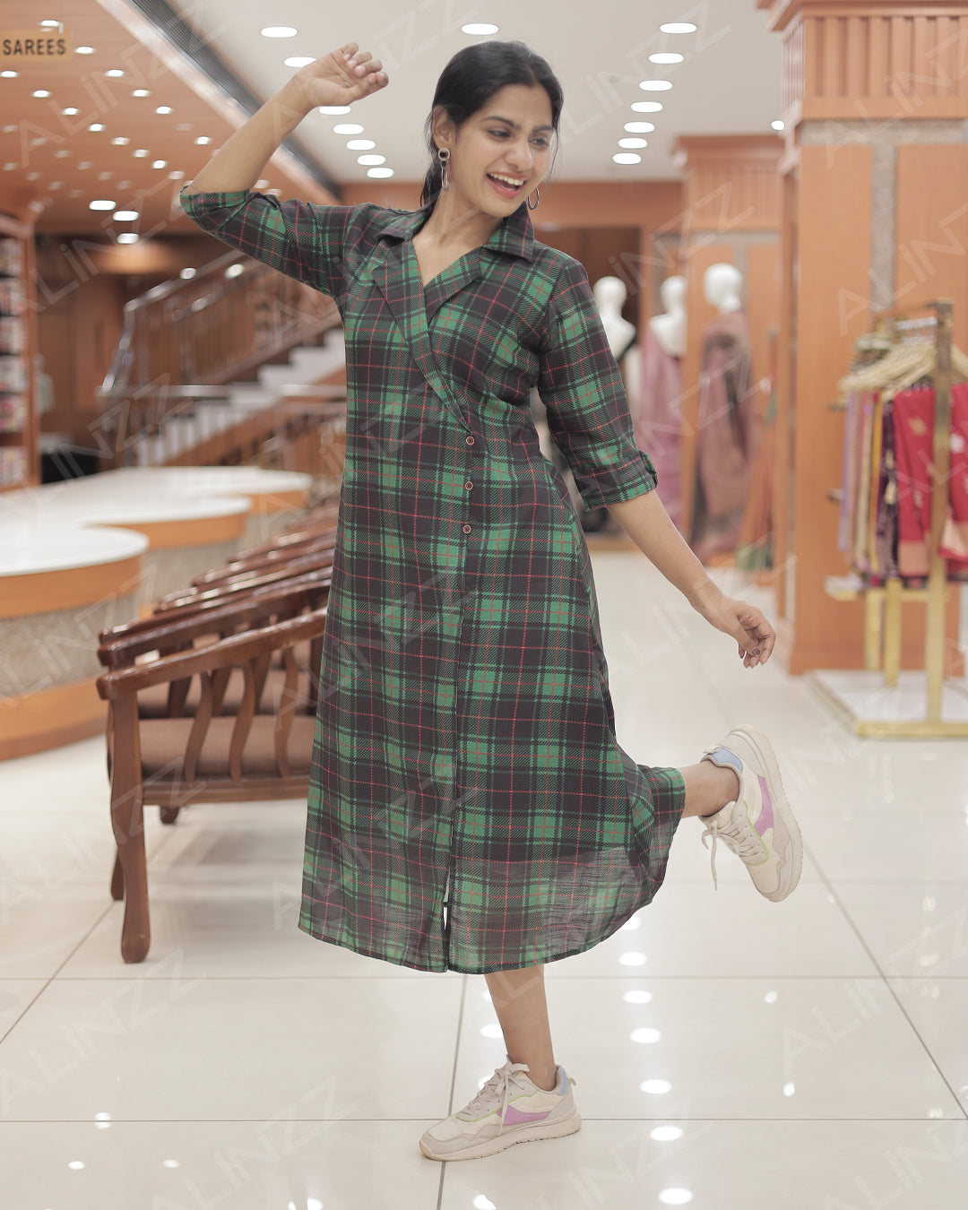 Womens Christmas Check Wrap-Style A-Line Kurti – R489