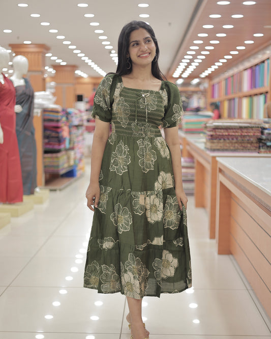 Women's Floral Smocked Midi Dress- R525