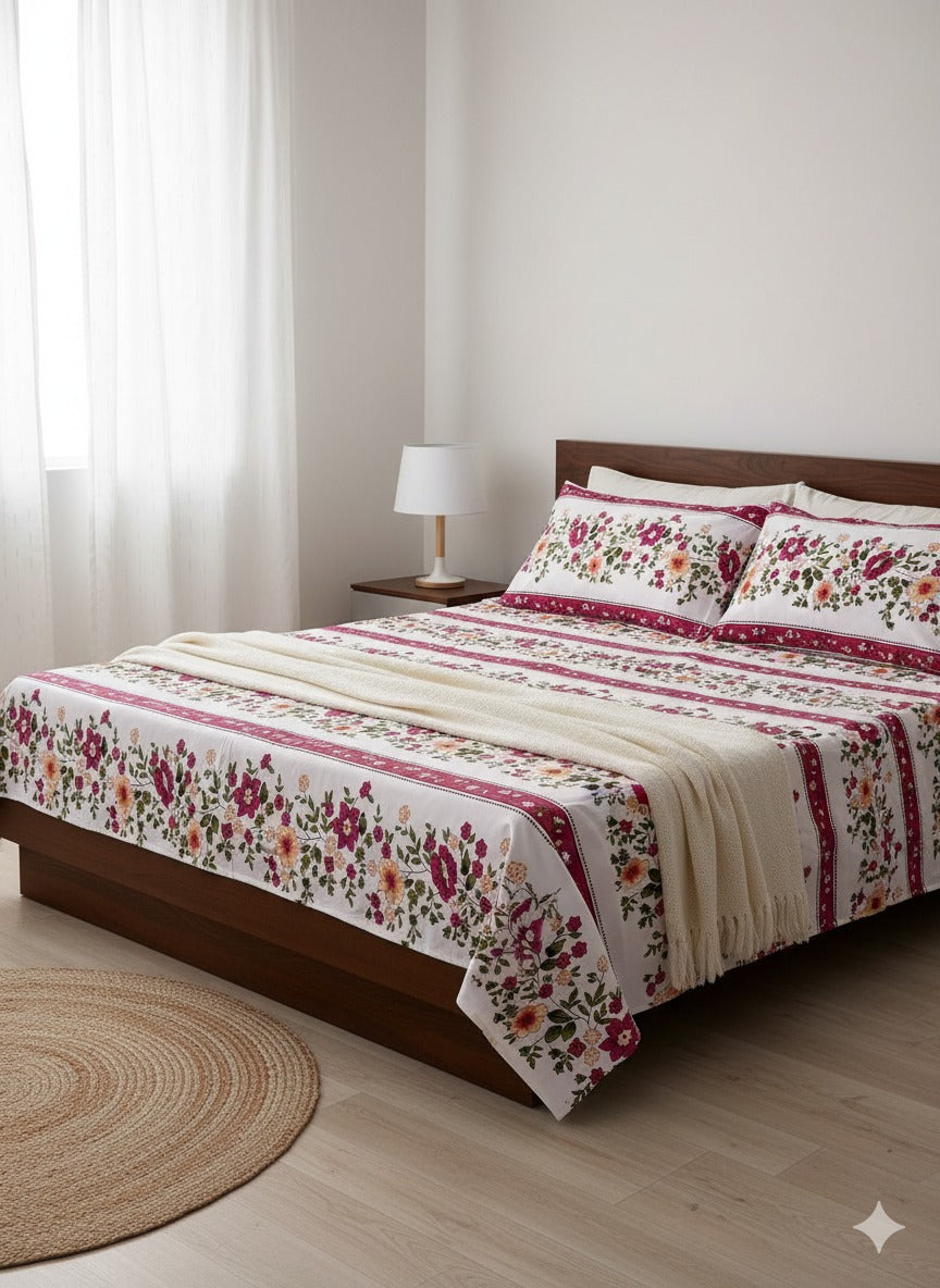 Family Cot Bedsheet without Pillow Cover- White Daisy Print