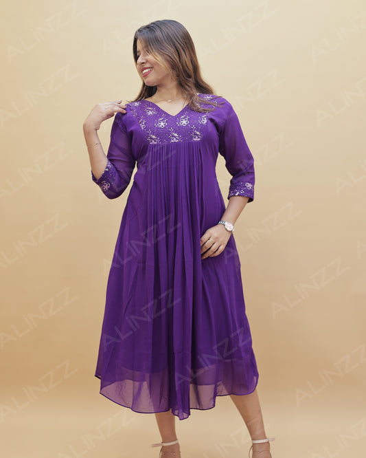 Faux Georgette with Velvet Patch Embroidered A-Line Kurti – R548