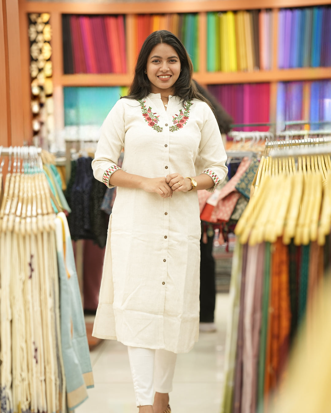 Women’s Cream Semi Jute Kurti with Floral Embroidery -A303