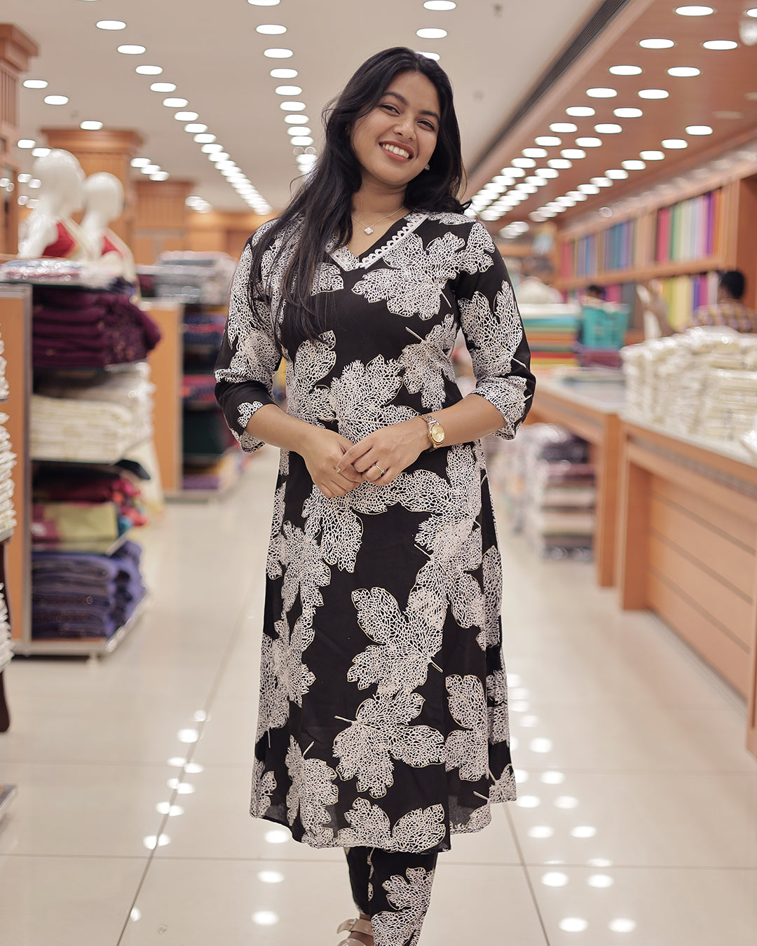 Women's Black Rayon Leaf Print Co-ord Set-G369