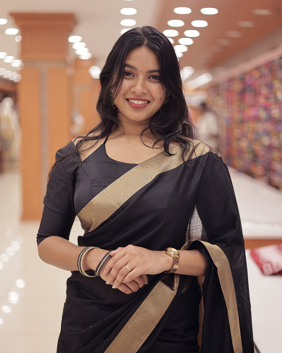 Elegant Black Semi Linen Saree with Golden Zari Border -G365