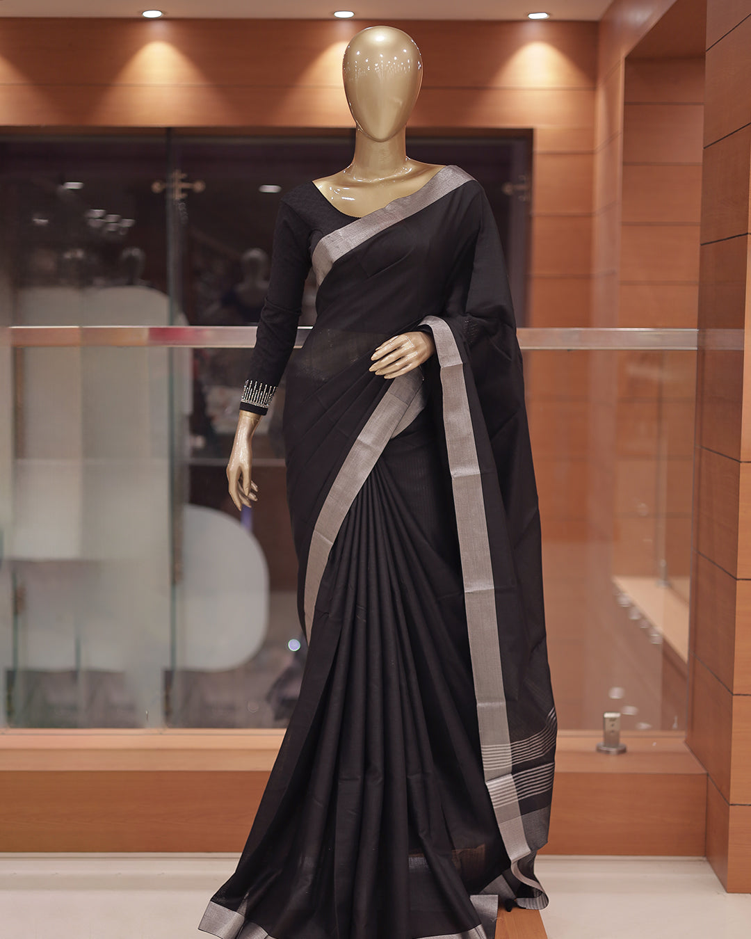 Elegant Black Semi Linen Saree with Golden Zari Border -G365