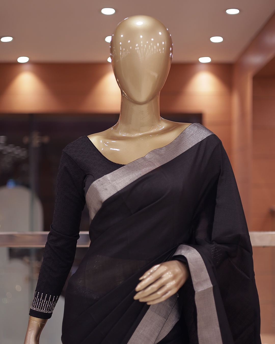 Elegant Black Semi Linen Saree with Golden Zari Border -G365