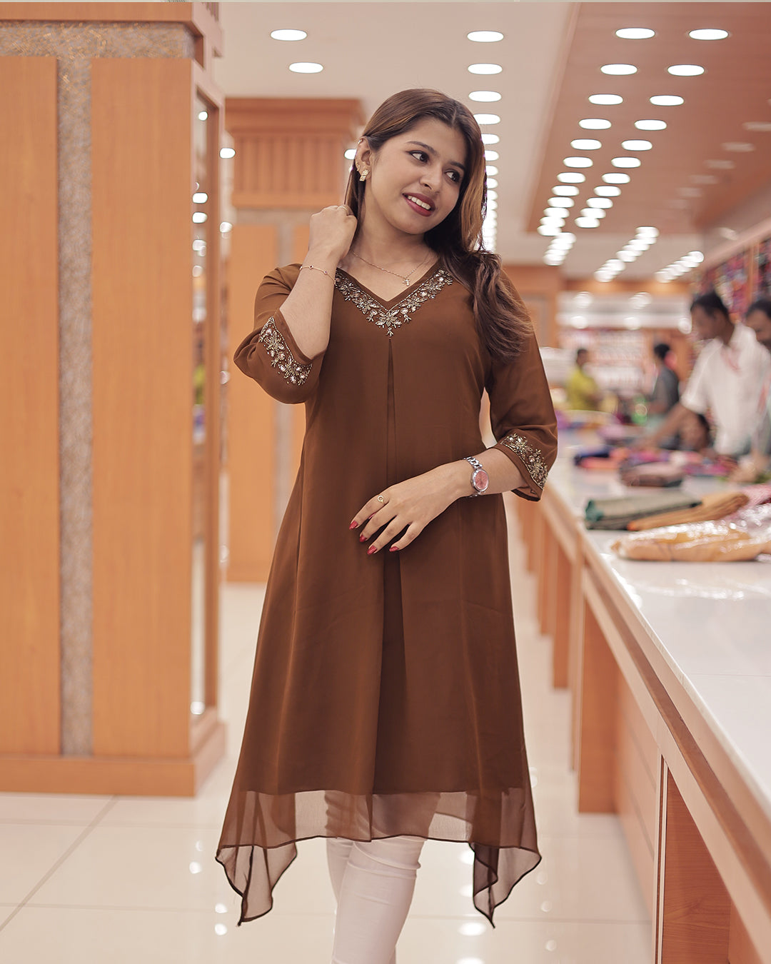 Women's Georgette A-Line Kurti with Handwork Embroidery & High-Low Hem-G374
