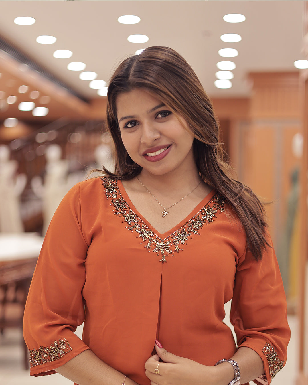 Women's Georgette A-Line Kurti with Handwork Embroidery & High-Low Hem-G374