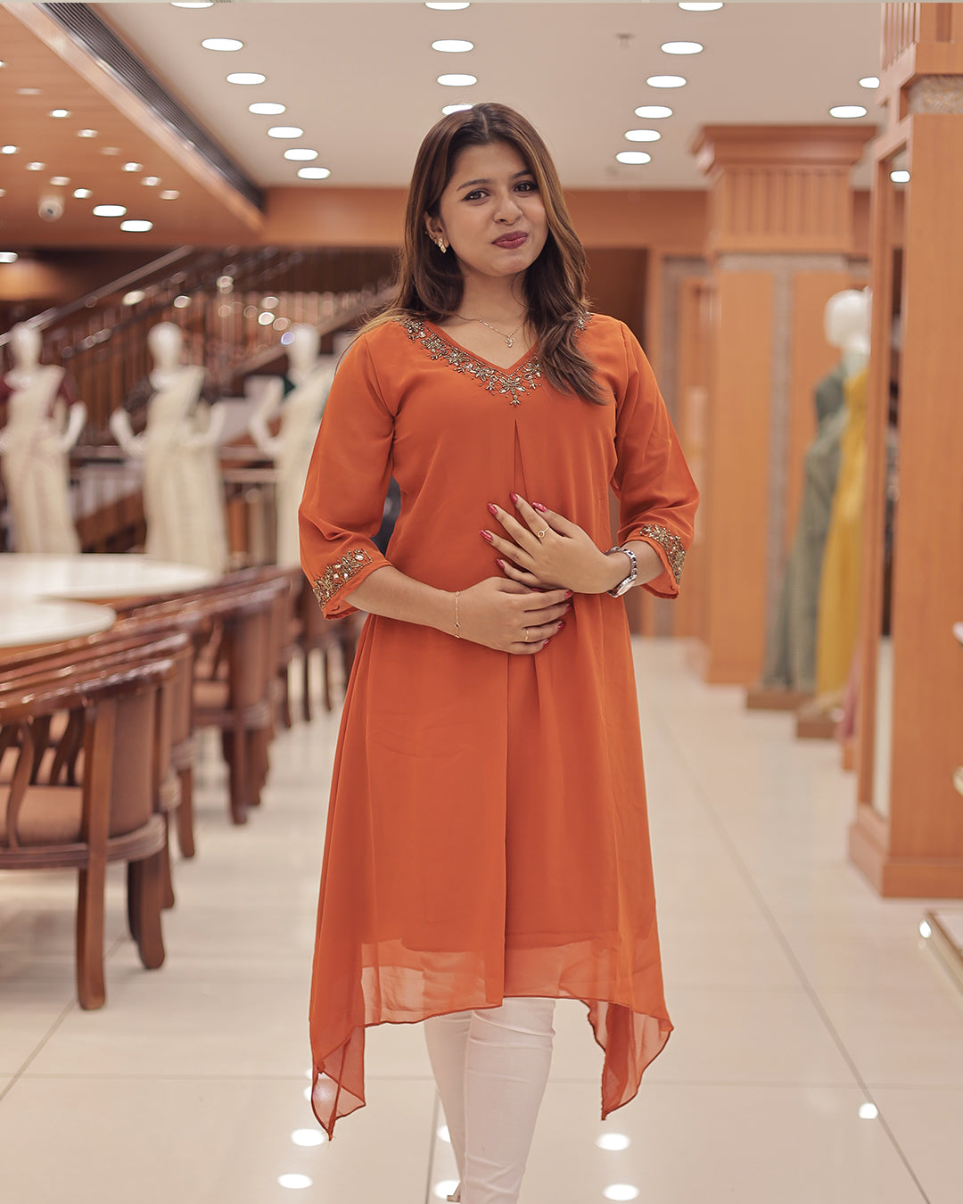 Women's Georgette A-Line Kurti with Handwork Embroidery & High-Low Hem-G374
