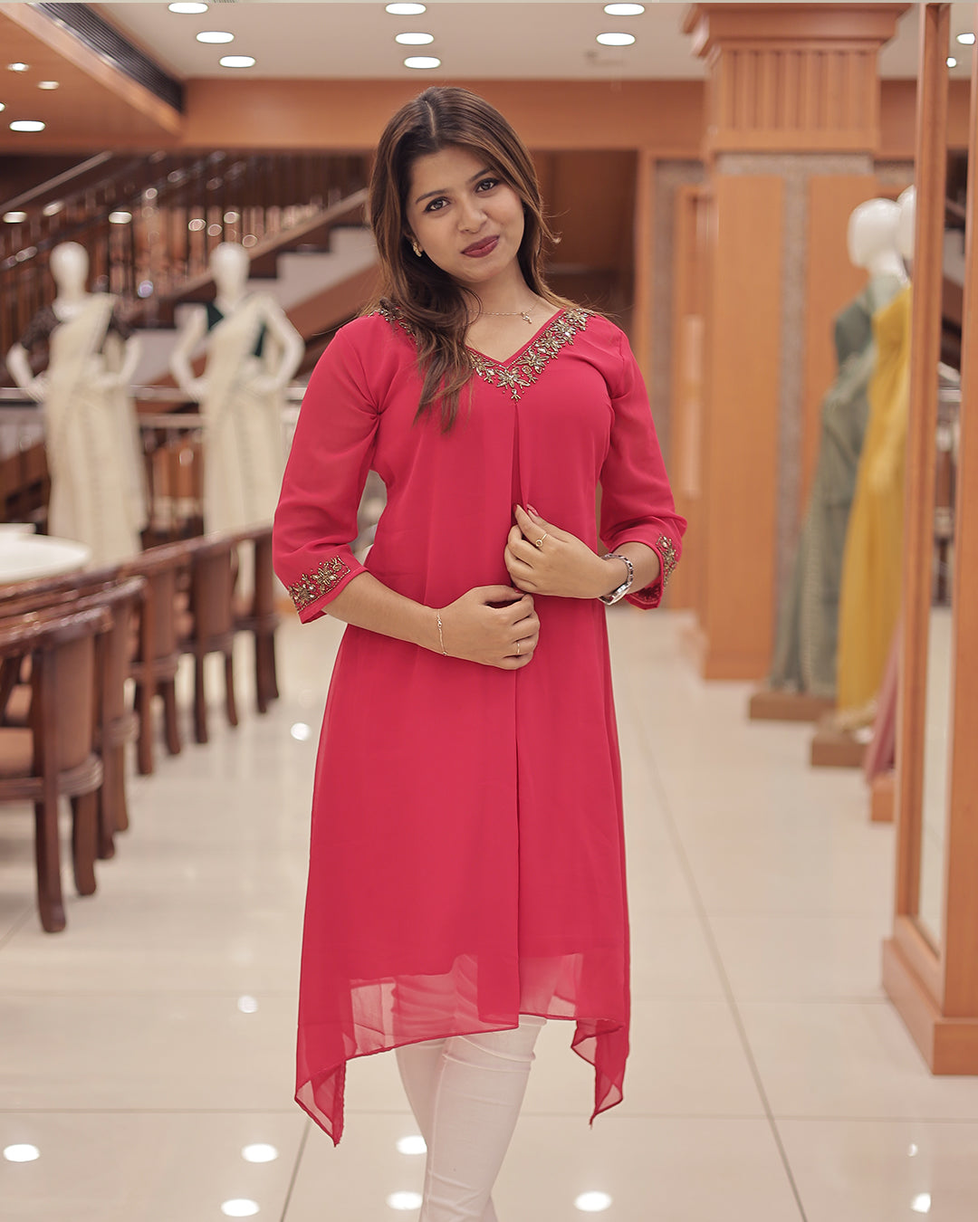 Women's Georgette A-Line Kurti with Handwork Embroidery & High-Low Hem-G374
