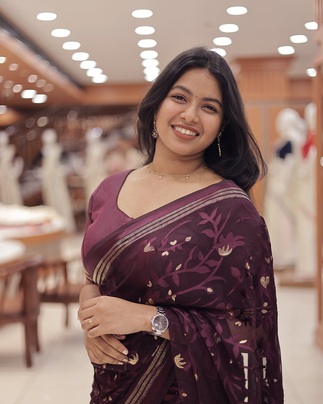 Womens Brazzo Saree with Golden Foil Print -R476