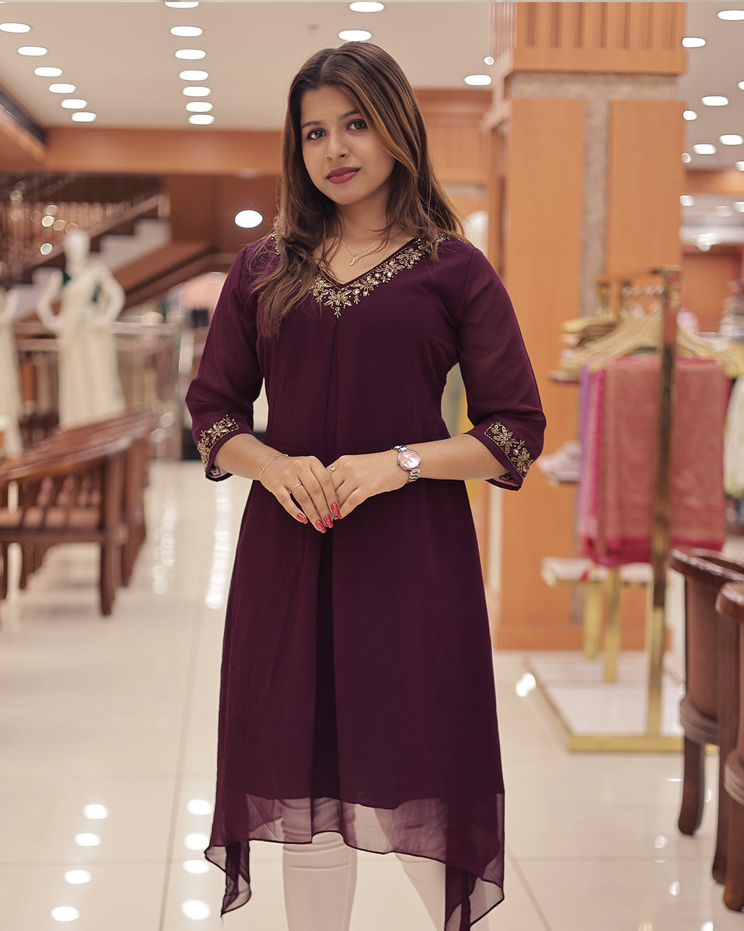Women's Georgette A-Line Kurti with Handwork Embroidery & High-Low Hem-G374
