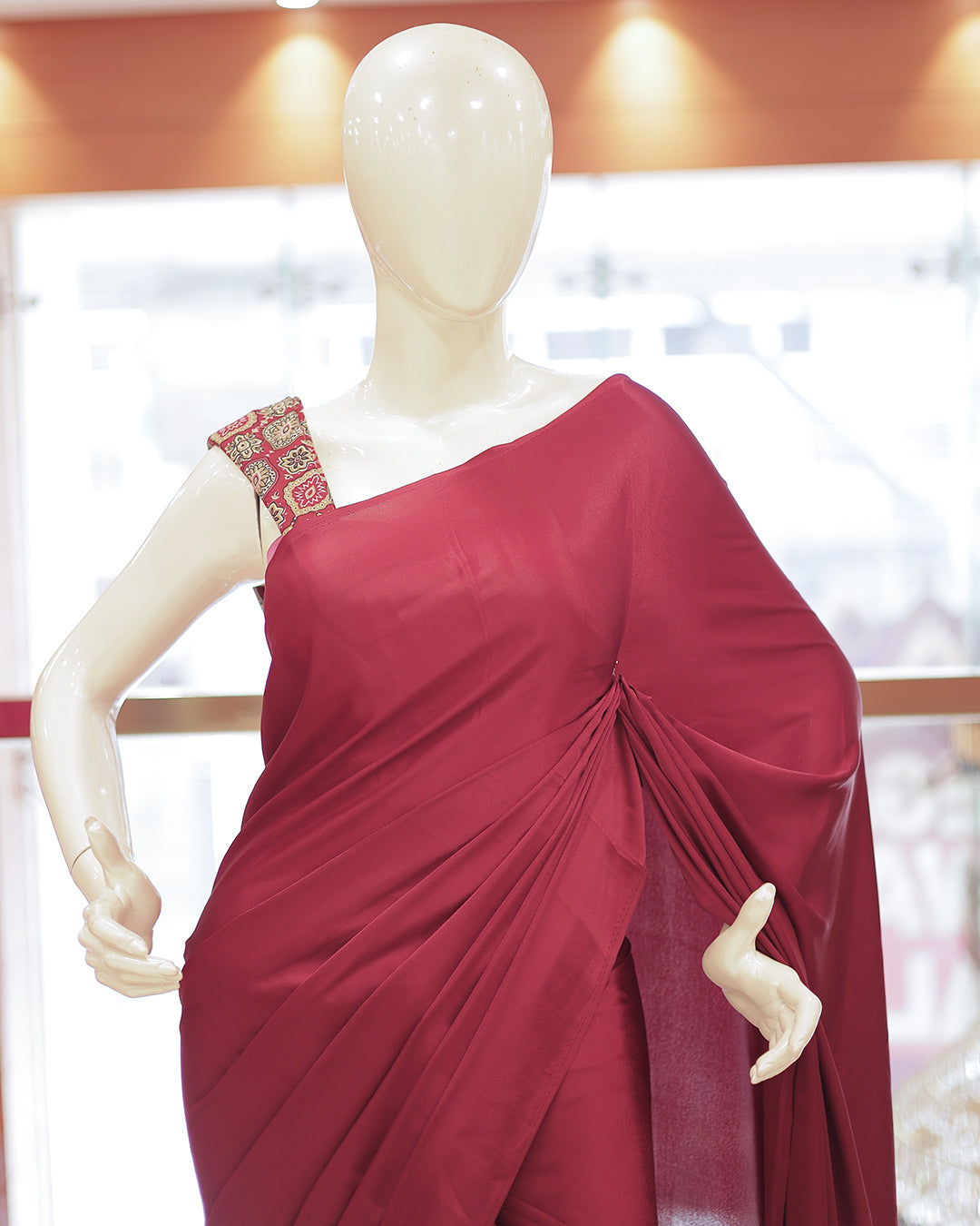 Diwali Special Blackberry Silk Plain Saree with Ajrak printed Blouse -D25