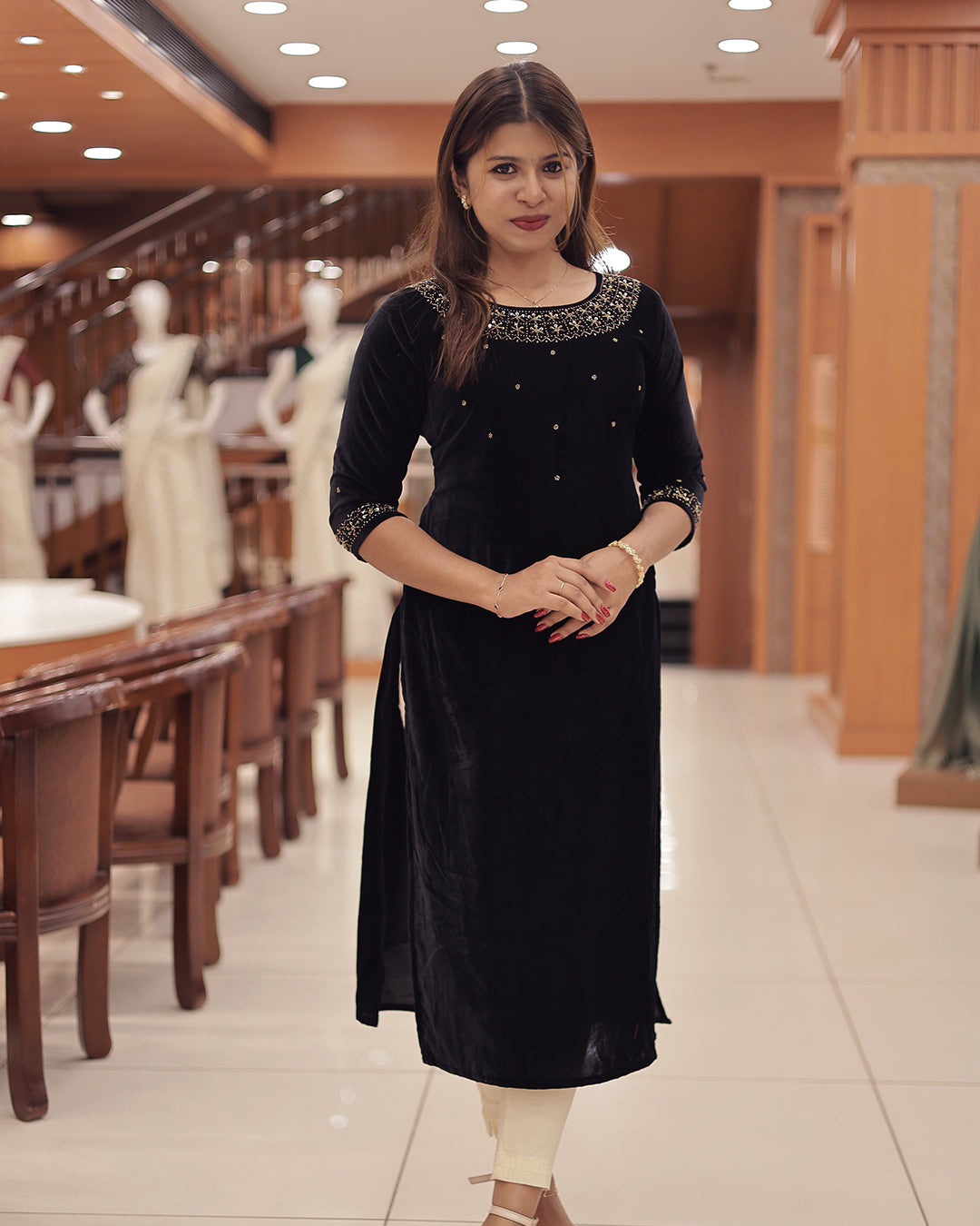 Women'sVelvet Slitted Kurthi with Handwork Embroidery -G377