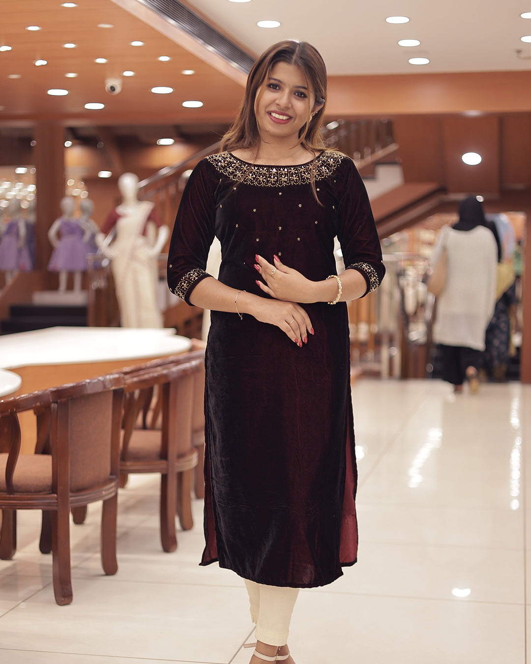Women'sVelvet Slitted Kurthi with Handwork Embroidery -G377