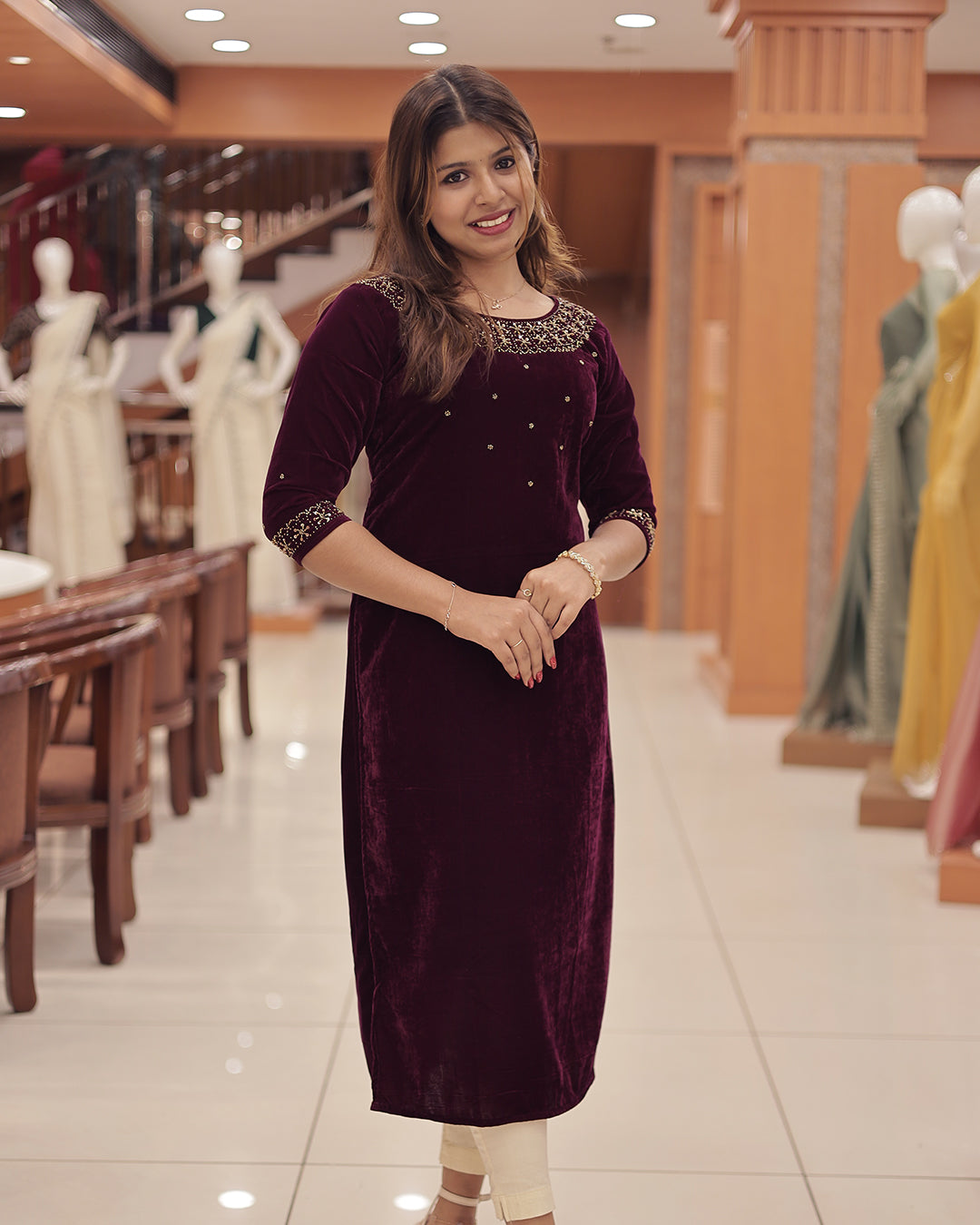 Women'sVelvet Slitted Kurthi with Handwork Embroidery -G377