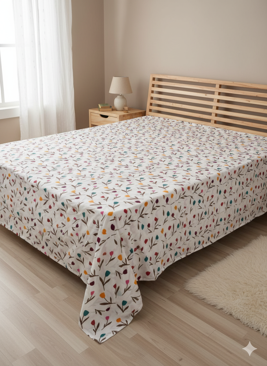 Family Cot Bedsheet without Pillow Cover- White Daisy Print