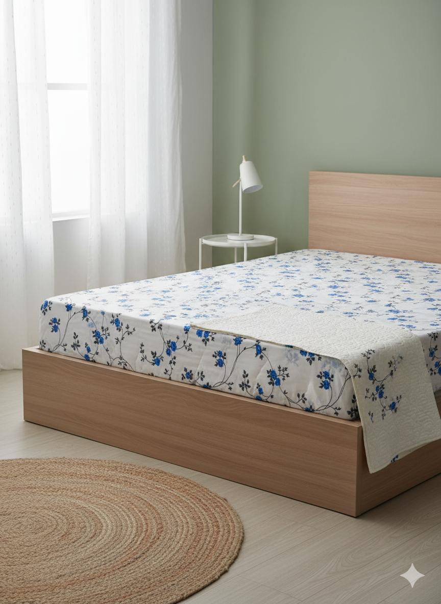 Family Cot Bedsheet without Pillow Cover- White Daisy Print