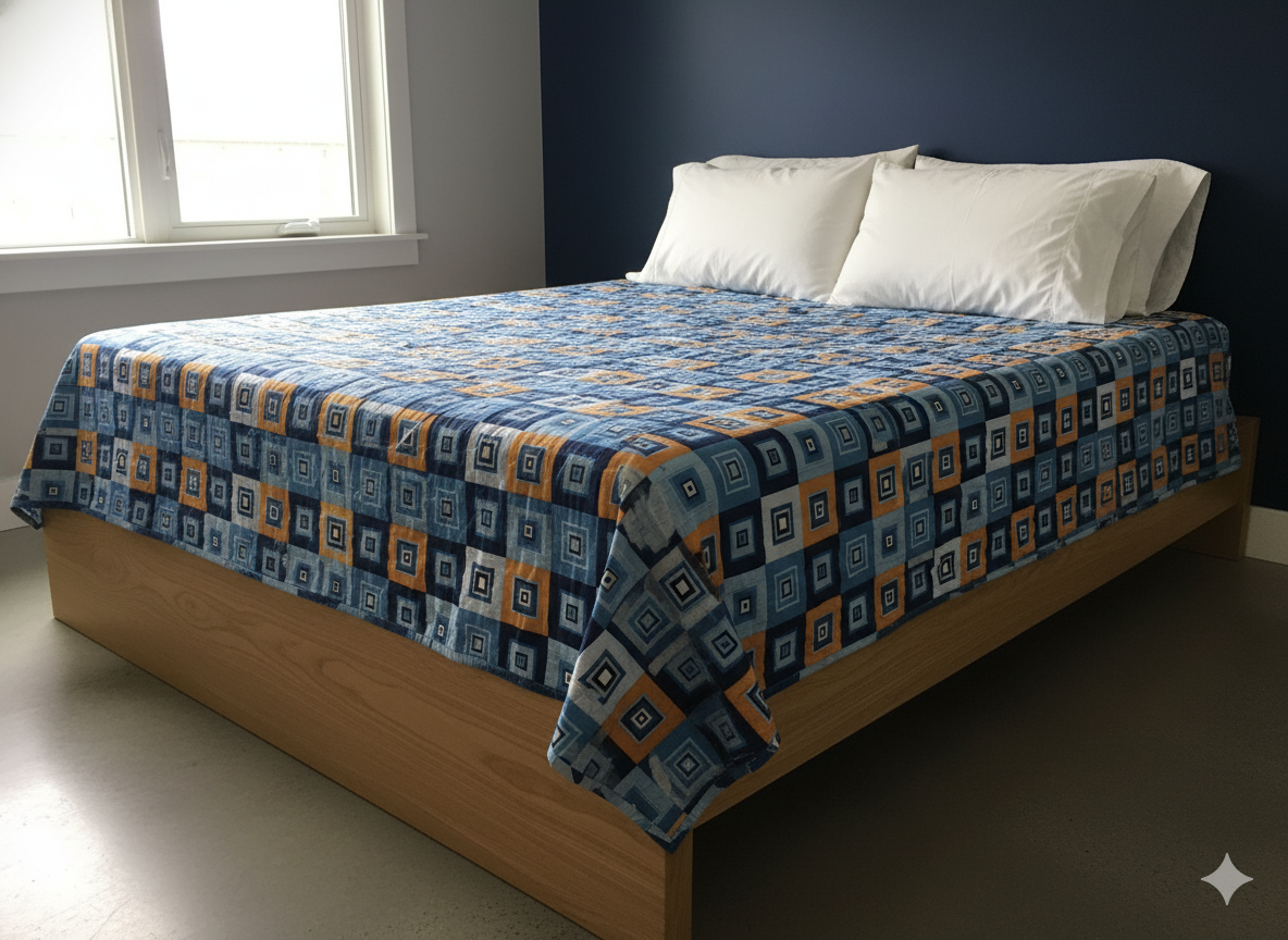 Family Cot Bedsheet – Blue Boxed Daisy Print