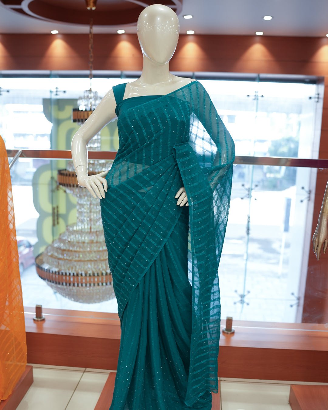 Silky Georgette Saree with Sequence Spreaded Stripes Designs - Code: R273
