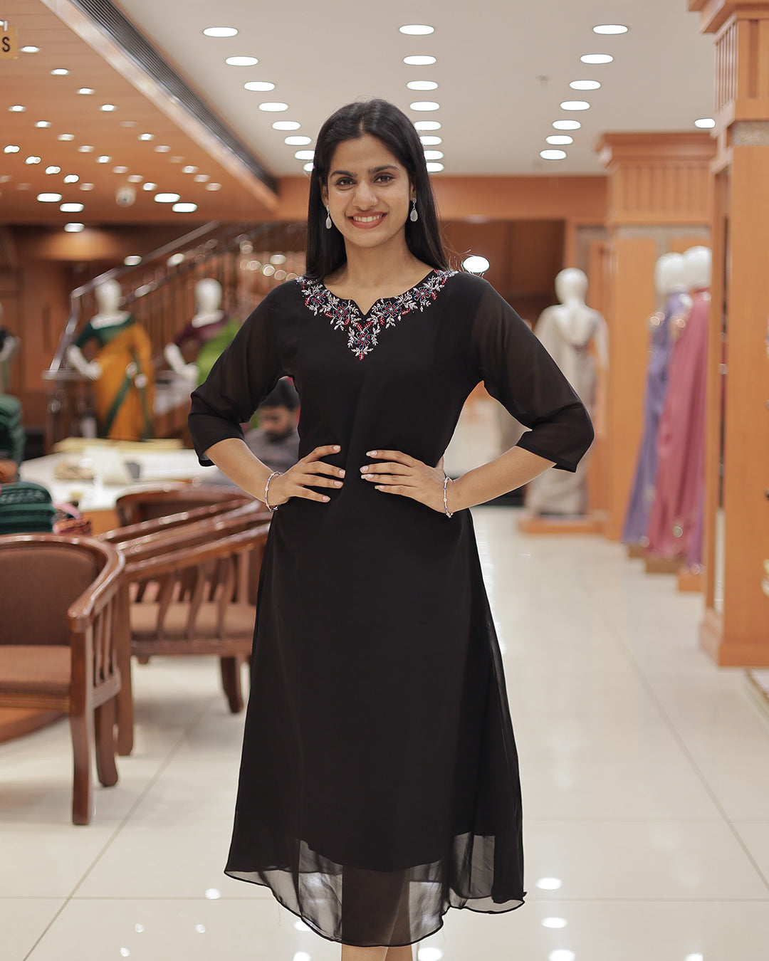 Women's A-line Georgette Kurti with handwork - R404