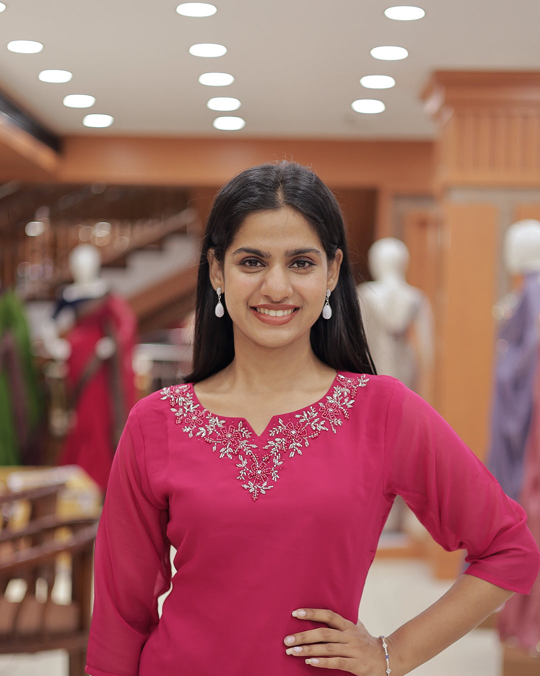 Women's A-line Georgette Kurti with handwork - R404