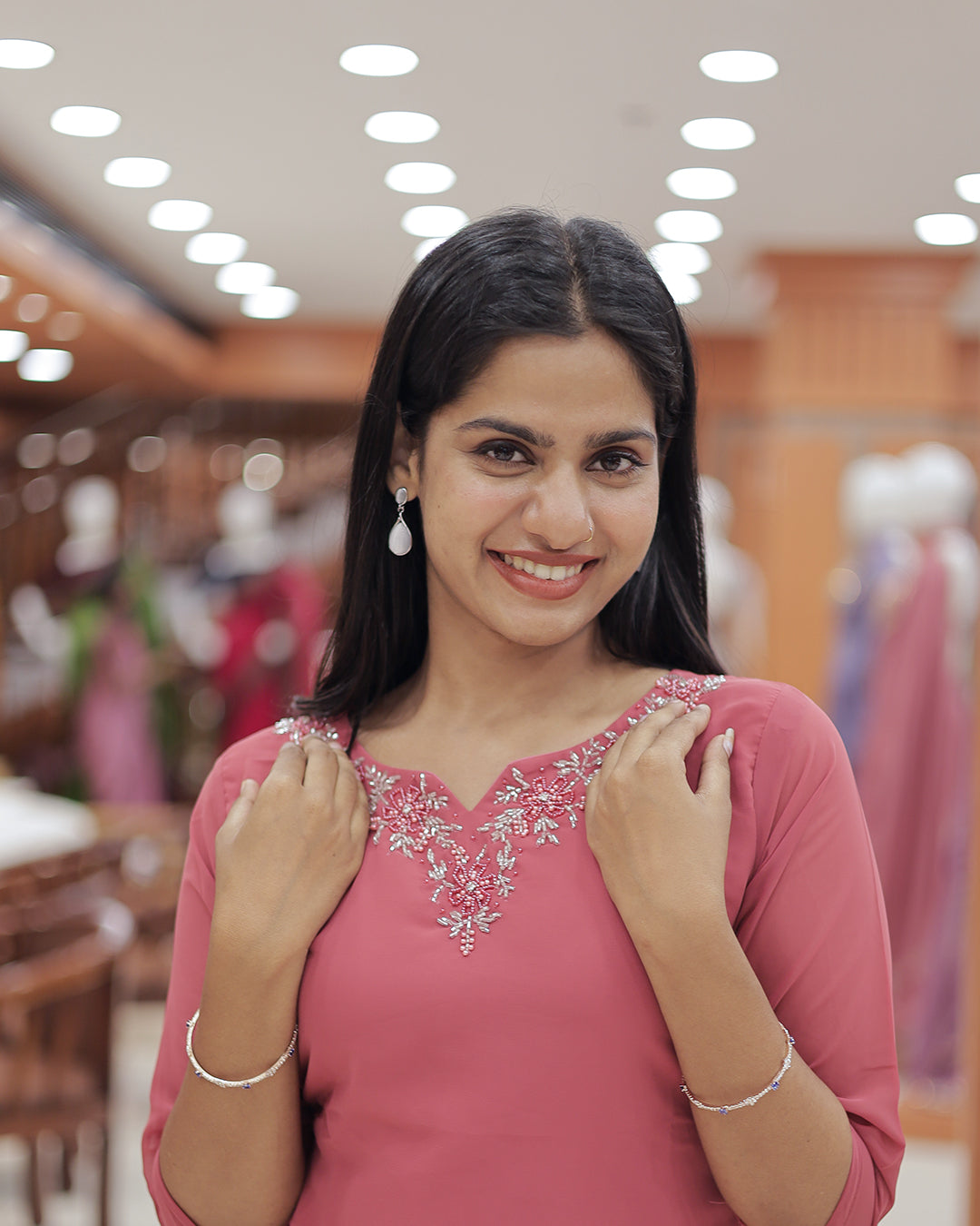 Women's A-line Georgette Kurti with handwork - R404
