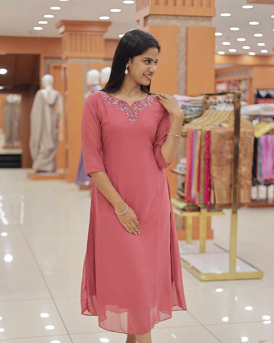 Women's A-line Georgette Kurti with handwork - R404