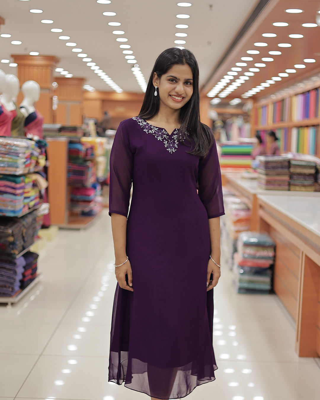 Women's A-line Georgette Kurti with handwork - R404