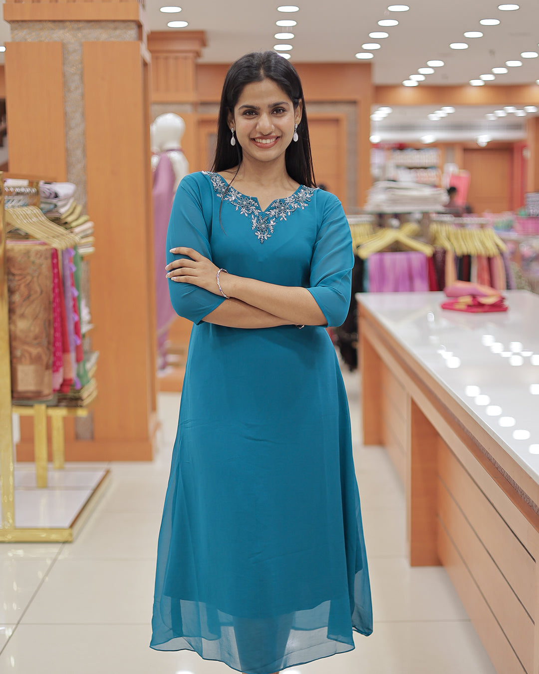 Women's A-line Georgette Kurti with handwork - R404