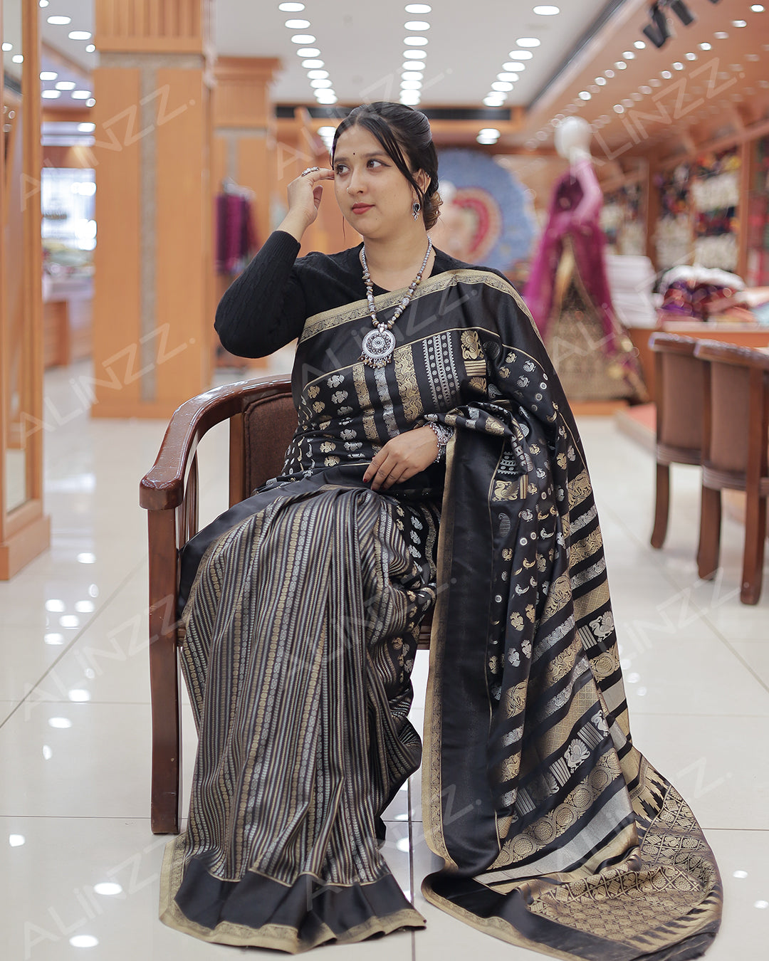 Elegant Black Semi Katan Silk Saree for Women - R451