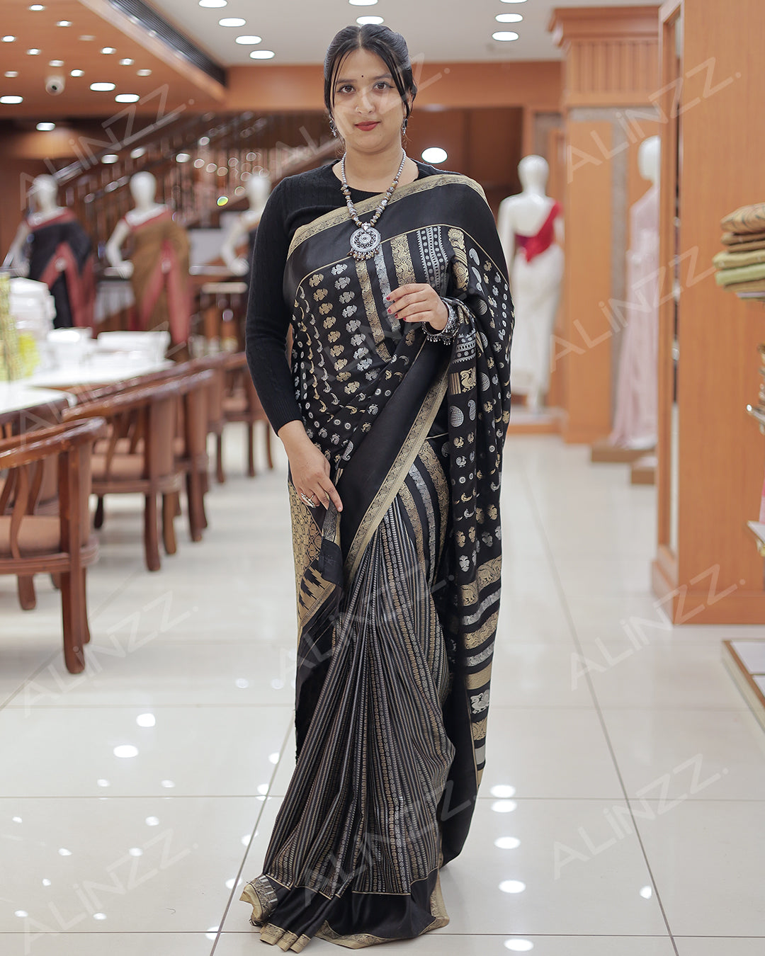 Elegant Black Semi Katan Silk Saree for Women - R451