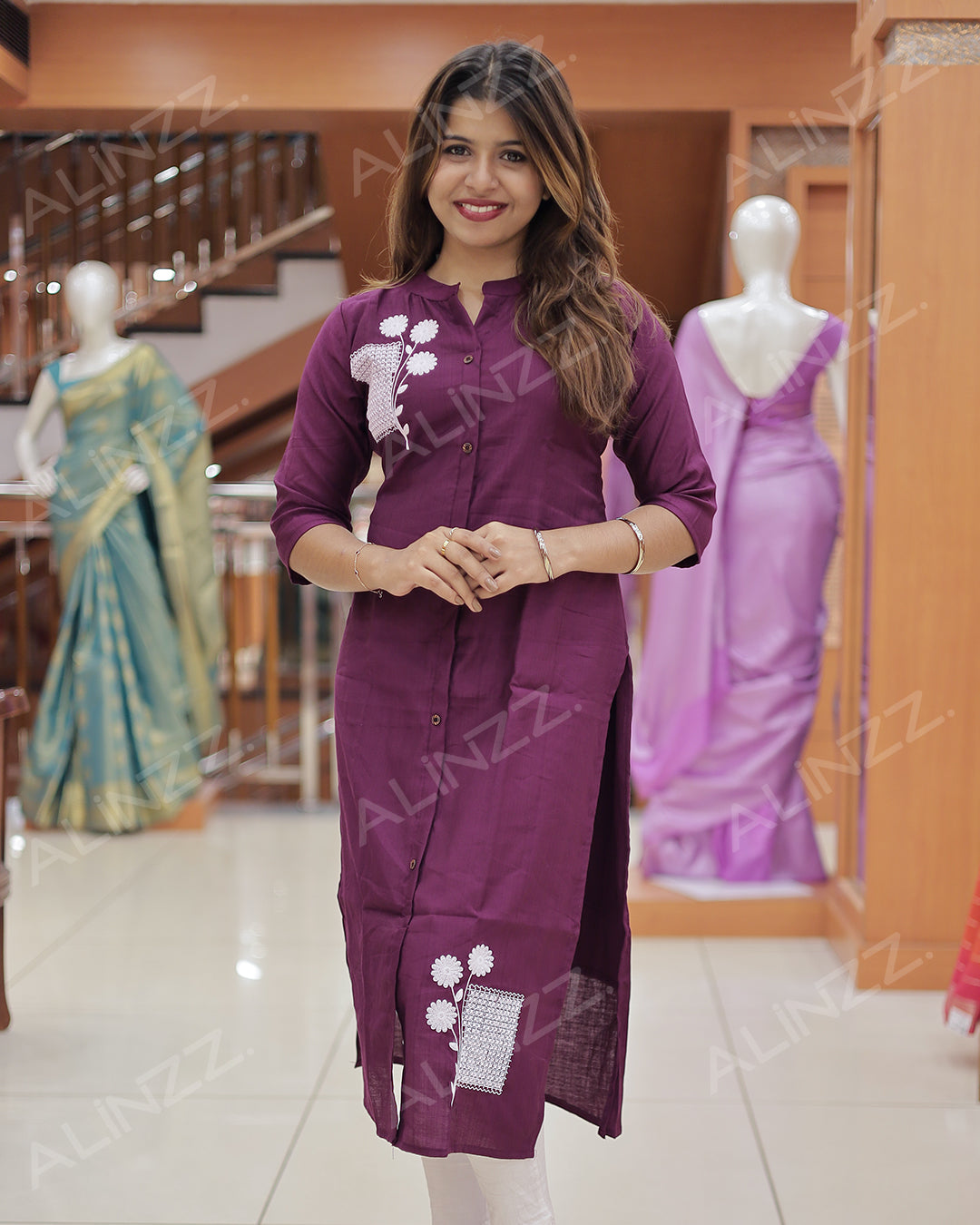Women’s A-Line Kurti with Floral Embroidery -R454