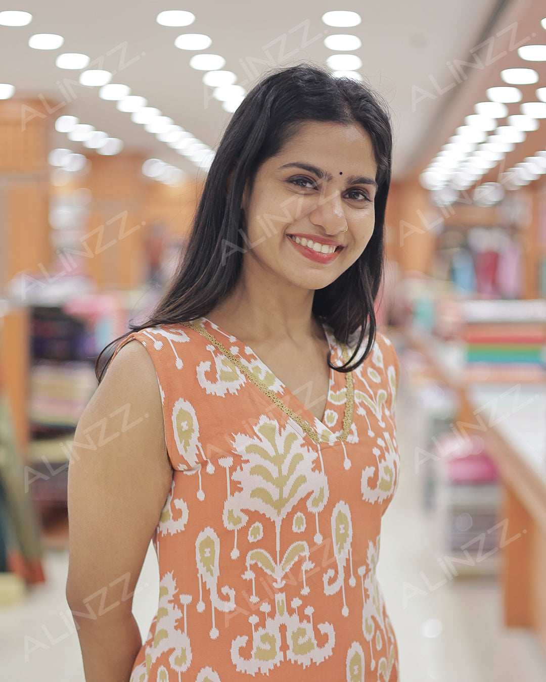 Women's Rayon Ikat Print Sleeveless Slitted Kurthi -R480