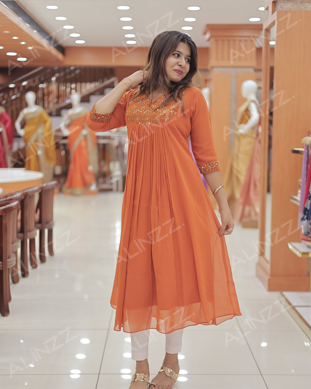 Women’s A-Line Georgette Kurti with Velvet Patch Work - R483