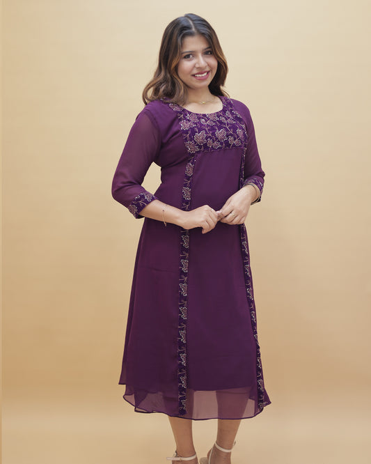 Women’s Georgette Jacket-Style Kurti with Velvet Embroidery-R547