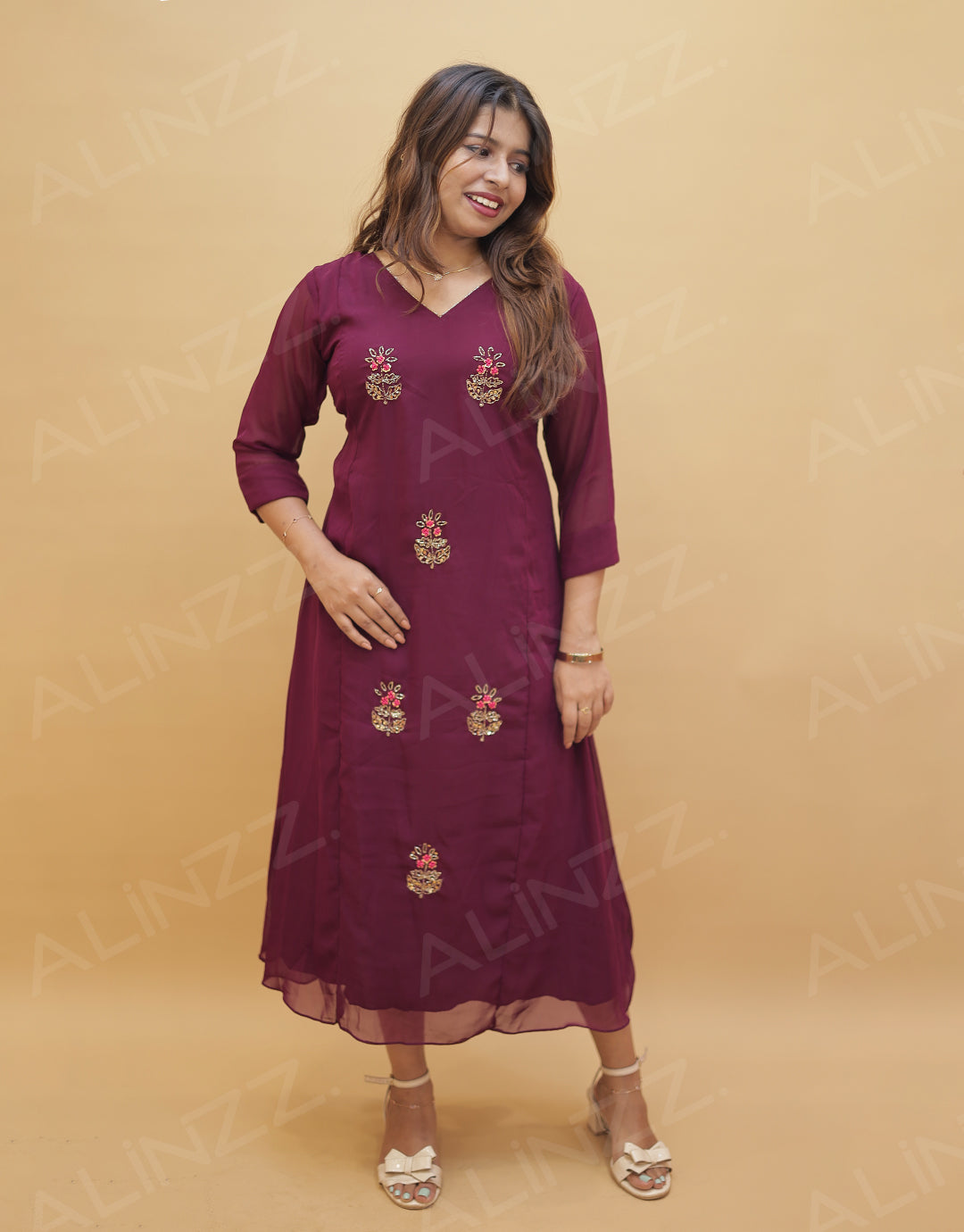 Georgette A-Line Kurti with Front Beads Work – R537