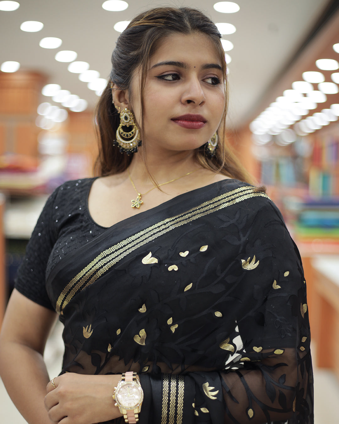 Womens Brazzo Saree with Golden Foil Print -1473