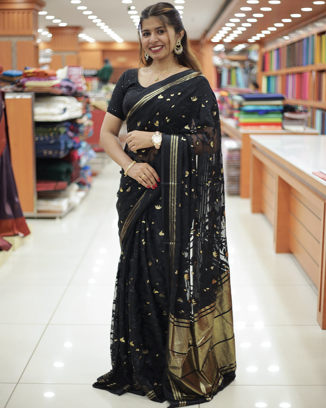 Womens Brazzo Saree with Golden Foil Print -1473