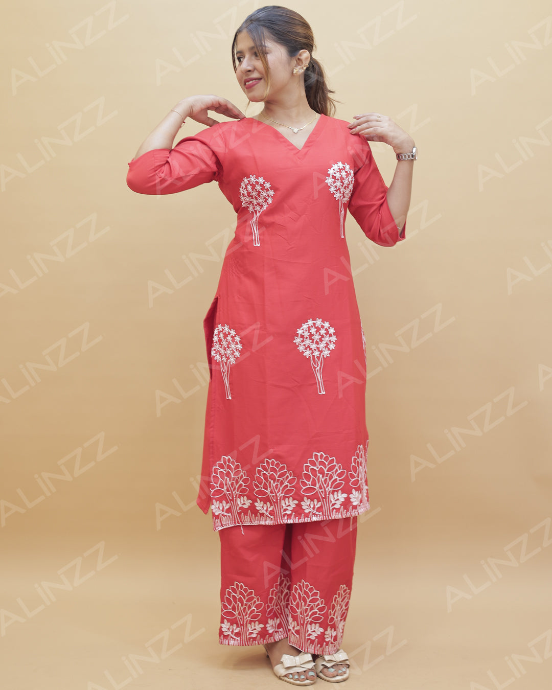 Popcorn Fabric Floral Embroidered Co-ord Set – R551