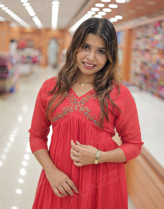 Georgette Aliya Cut Kurti with Yoke Beads Work – R519