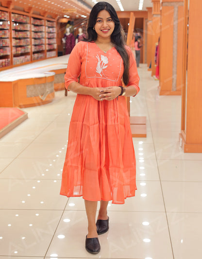 Womens Mul-Chanderi Floral Embroidered A-Line Kurti – R556