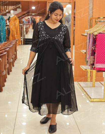 Women's Georgette Kurti with Velvet Patch Work - R570