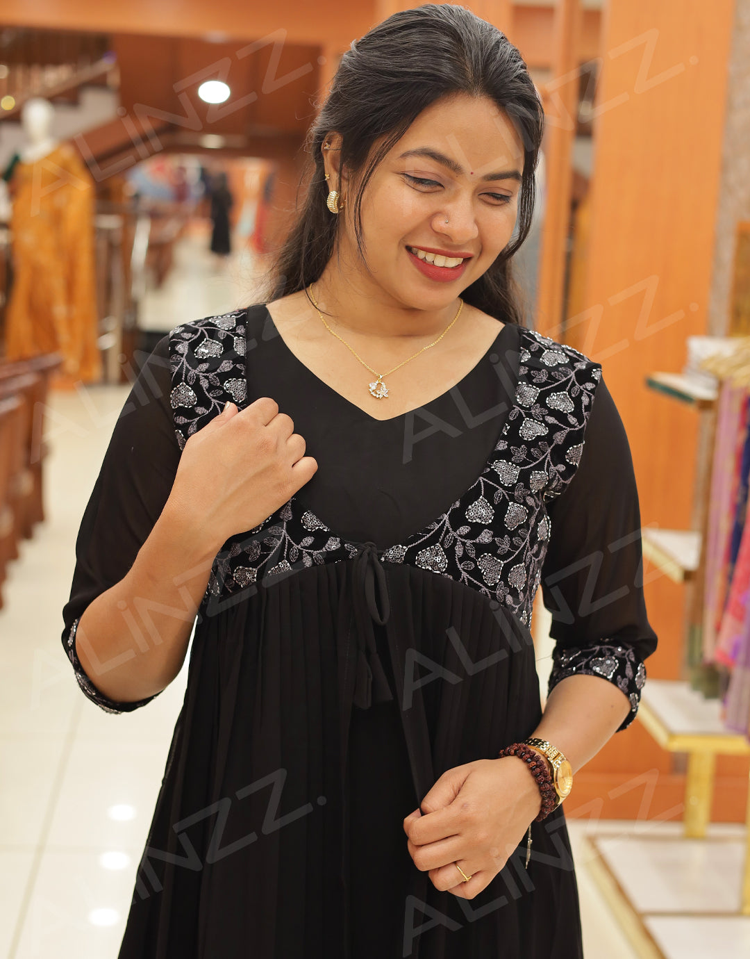 Women's Georgette Kurti with Velvet Patch Work - R570