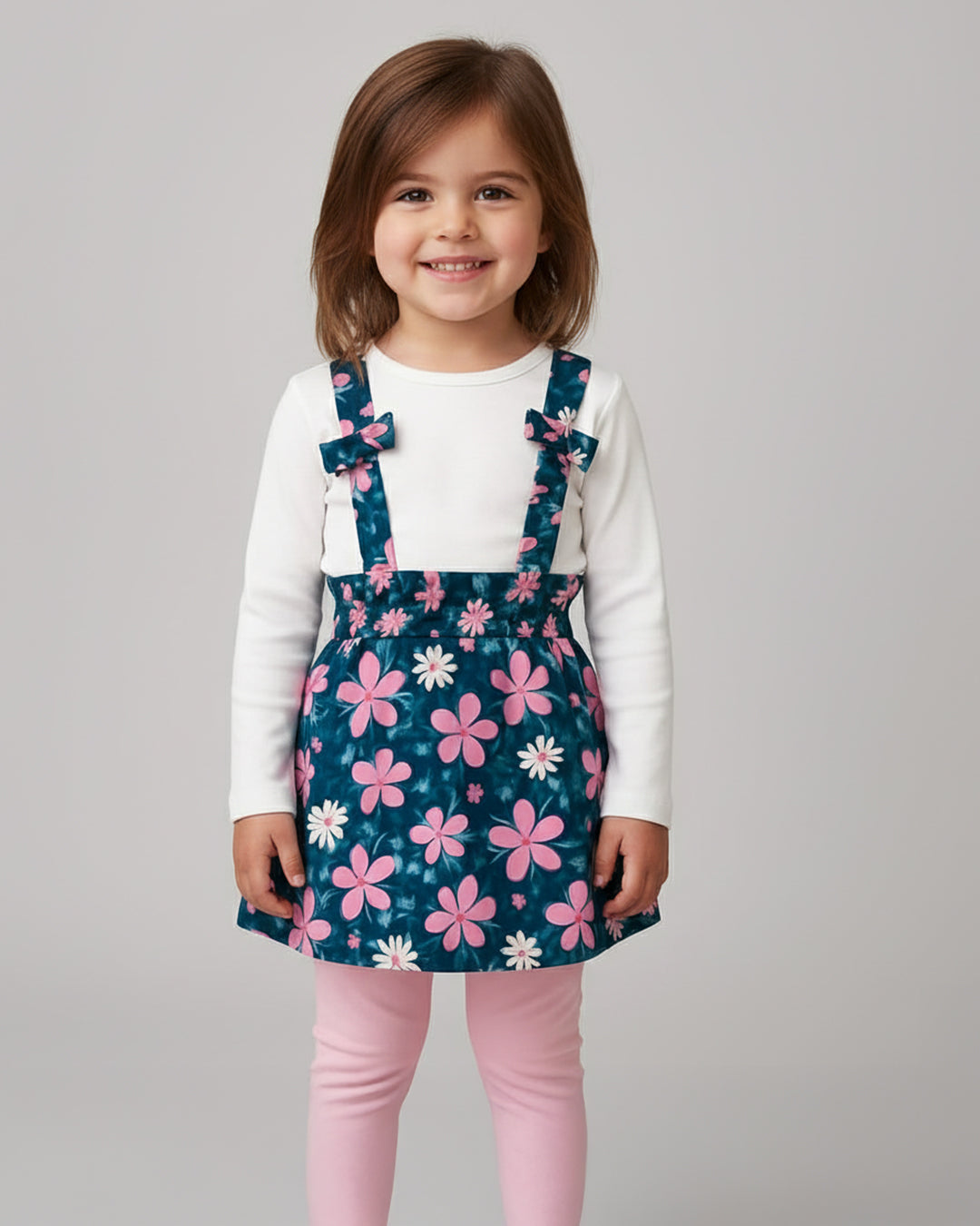 Girls' Floral Print Pinafore Skirt & Solid Top with Pink Leggings Set -R415